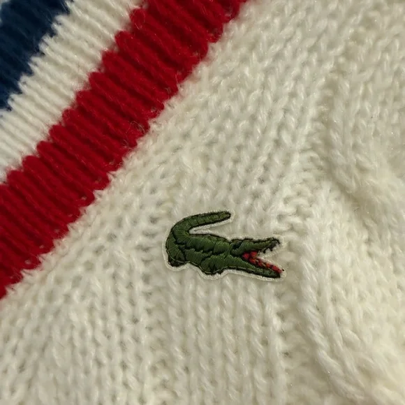 Vintage IZOD Lacoste Cable Knit V-Neck Sweater XL Cream Red Navy Men’s